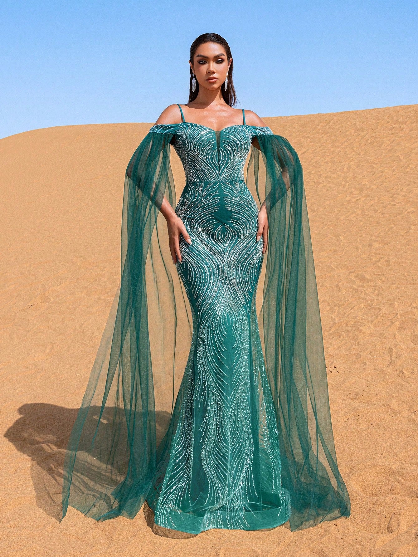 Luxury Cold Shoulder Sheer Cape Sleeves Beaded Embellishments Evening Dress