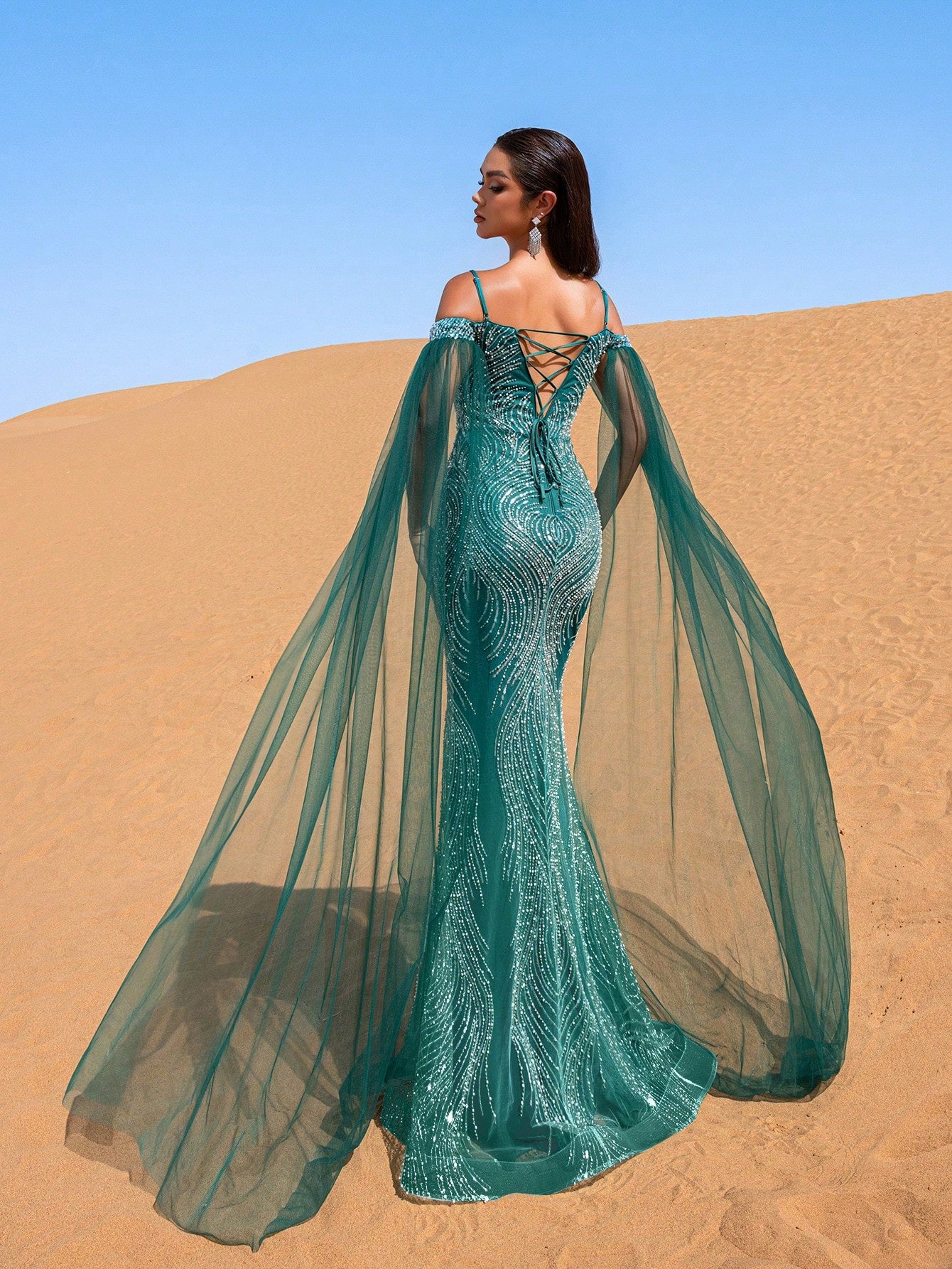 Luxury Cold Shoulder Sheer Cape Sleeves Beaded Embellishments Evening Dress