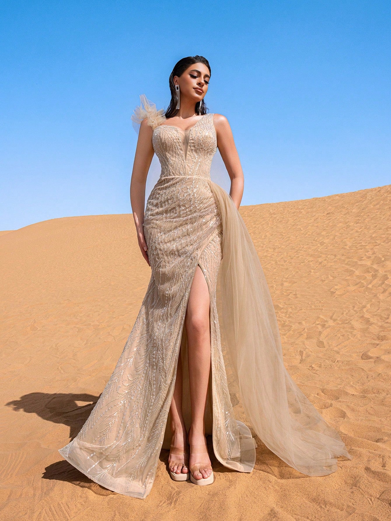 Elegant Asymmetrical Neck Split Thigh Sequin Beaded Formal Dresses & Evening Gowns