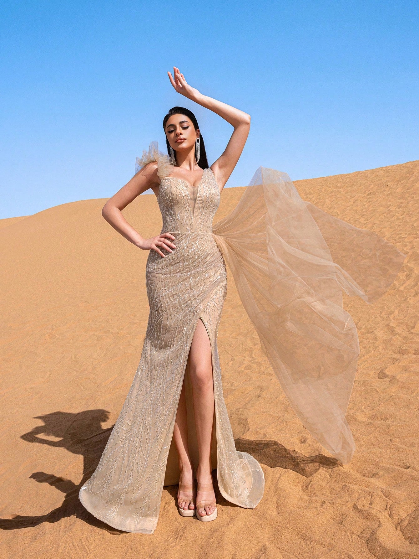 Elegant Asymmetrical Neck Split Thigh Sequin Beaded Formal Dresses & Evening Gowns