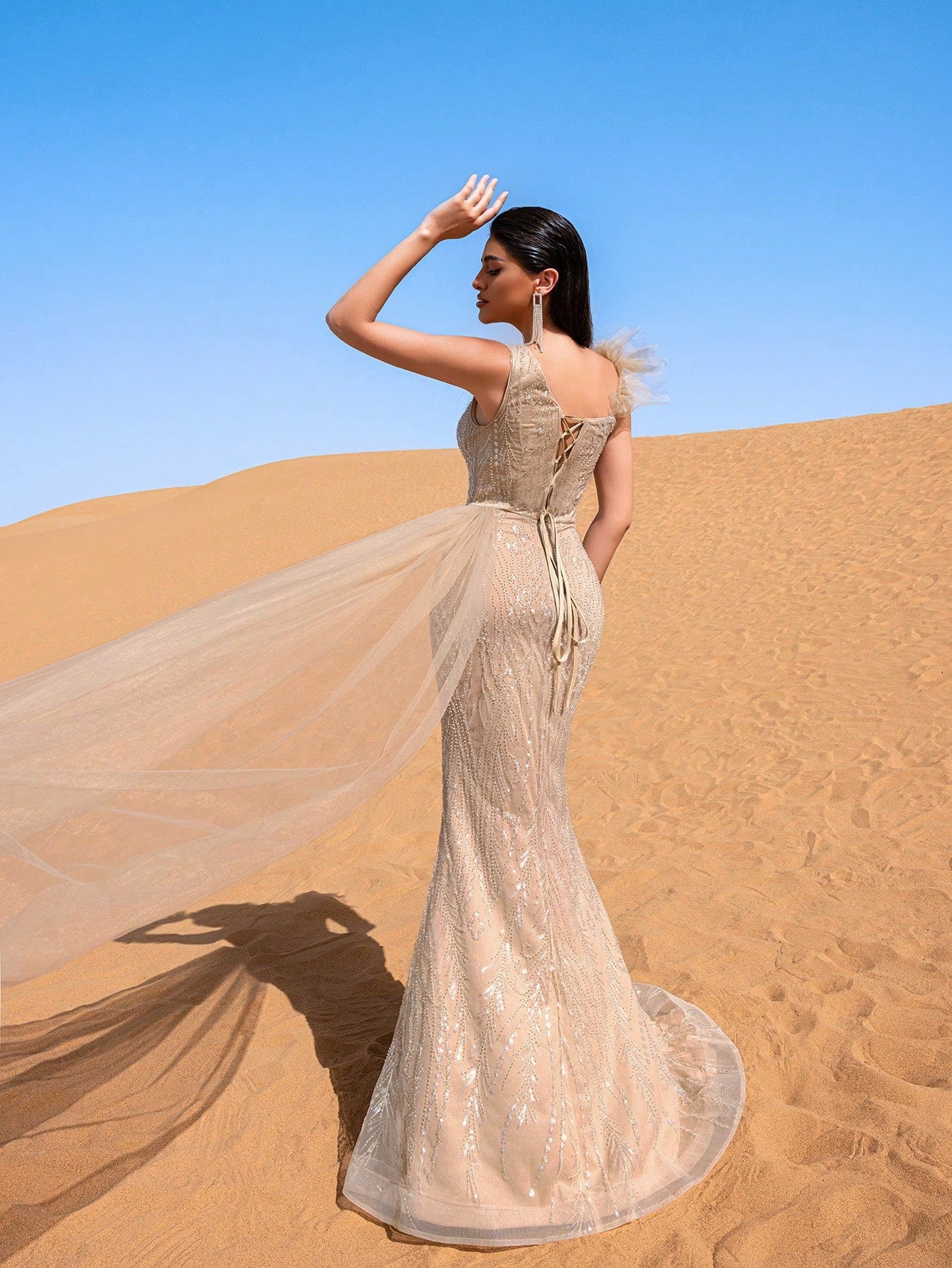 Elegant Asymmetrical Neck Split Thigh Sequin Beaded Formal Dresses & Evening Gowns