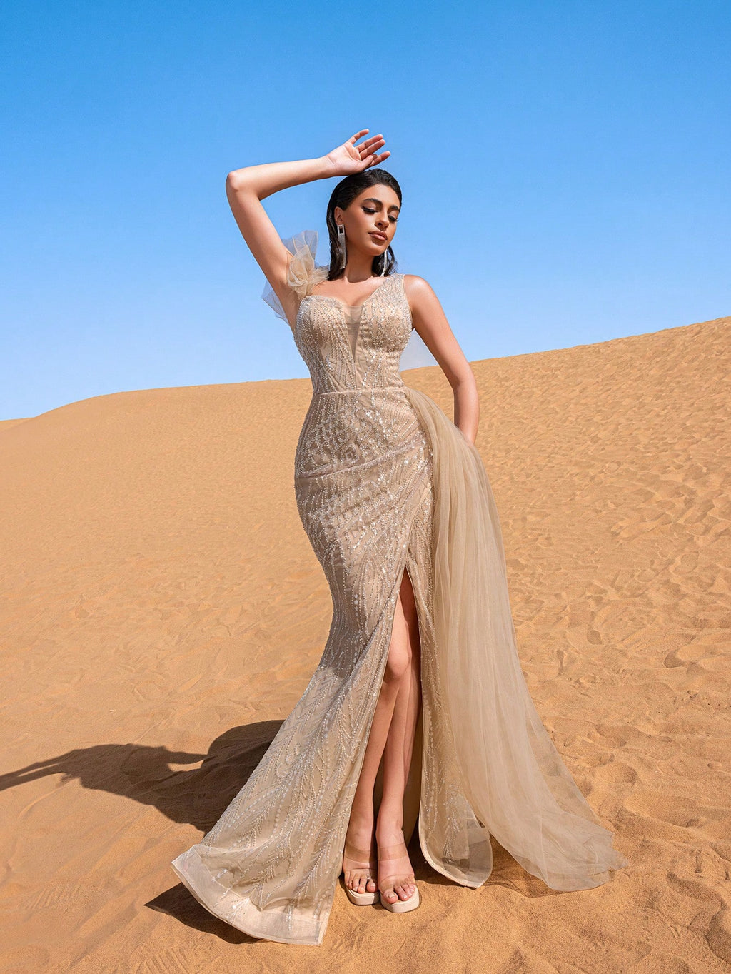 Elegant Asymmetrical Neck Split Thigh Sequin Beaded Formal Dresses & Evening Gowns