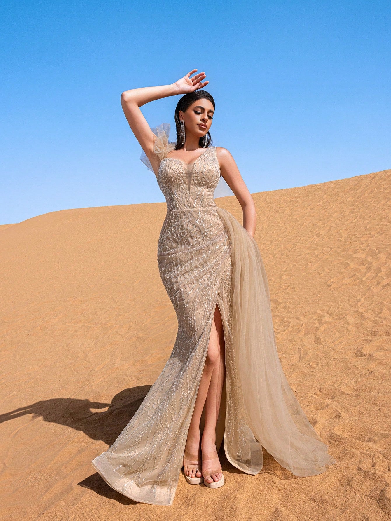Elegant Asymmetrical Neck Split Thigh Sequin Beaded Formal Dresses & Evening Gowns