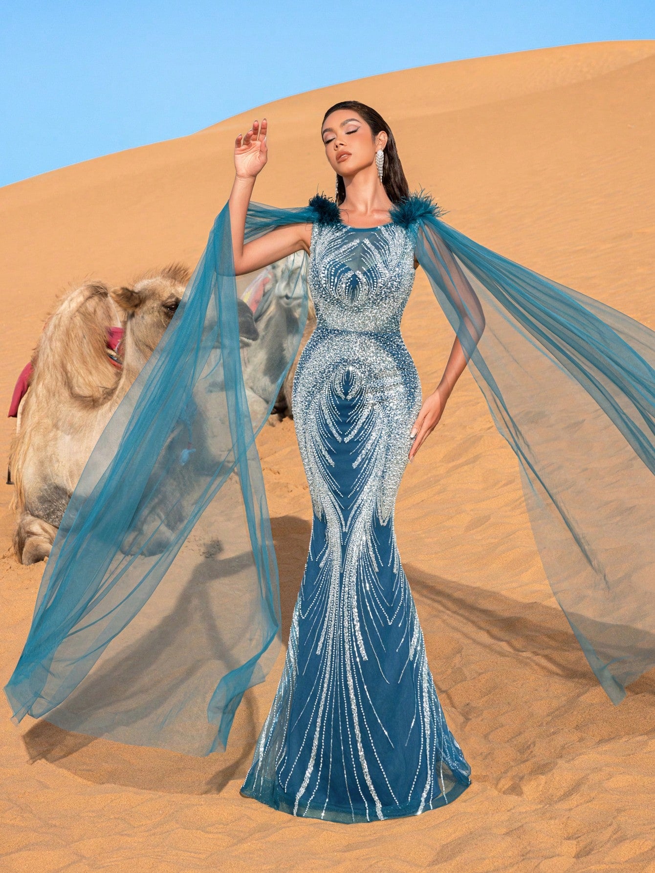 Luxury Sheer Sleeves Mermaid Hem Beaded Sequin Formal Evening Dress
