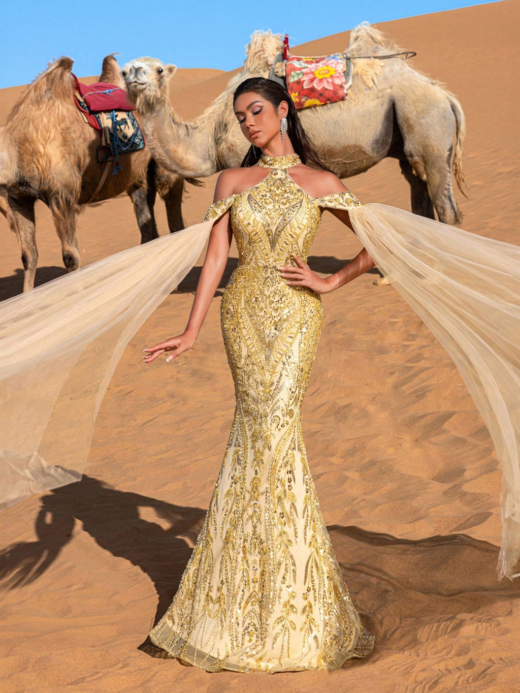 Luxury Halter Neck Cloak Sleeves Mermaid Hem Beaded Formal Dresses & Evening Gowns