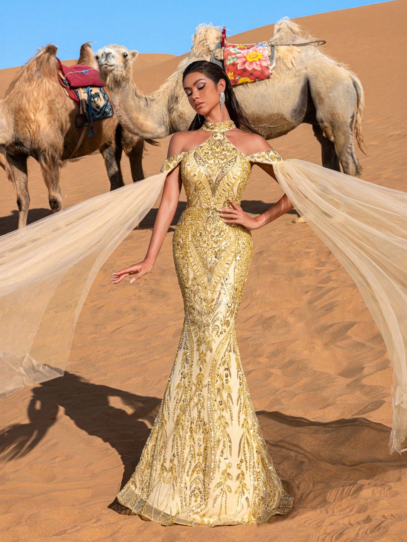 Luxury Halter Neck Cloak Sleeves Mermaid Hem Beaded Formal Dresses & Evening Gowns