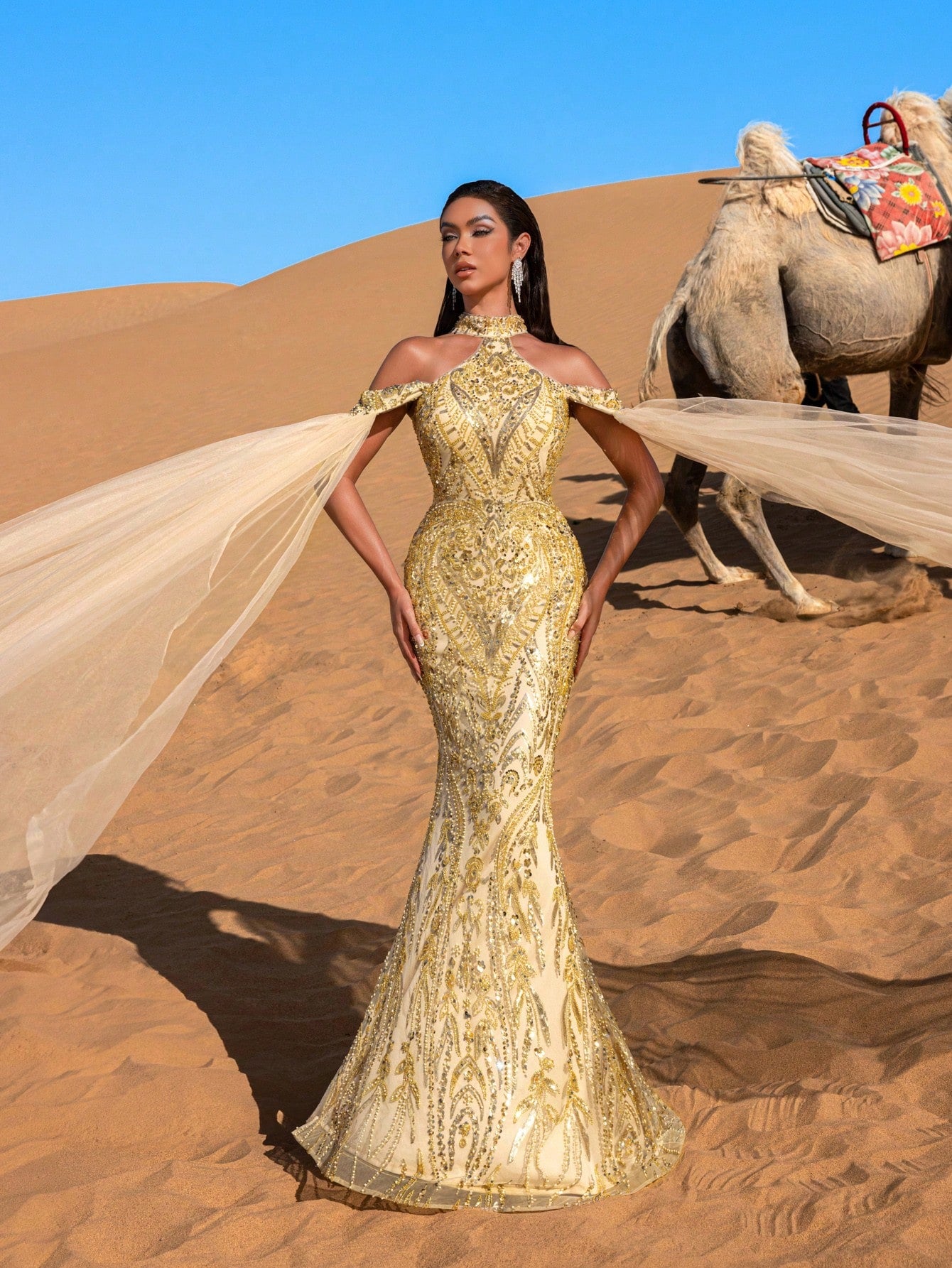 Luxury Halter Neck Cloak Sleeves Mermaid Hem Beaded Formal Dresses & Evening Gowns