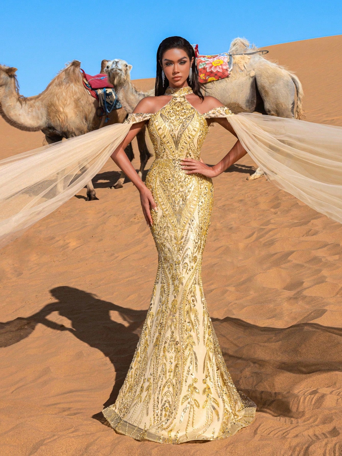 Luxury Halter Neck Cloak Sleeves Mermaid Hem Beaded Formal Dresses & Evening Gowns