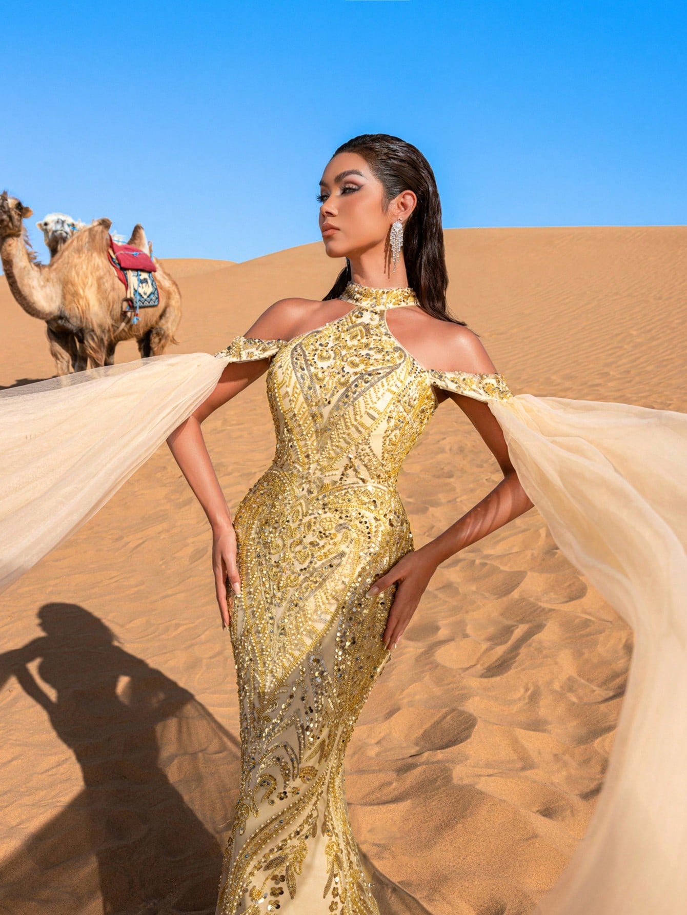 Luxury Halter Neck Cloak Sleeves Mermaid Hem Beaded Formal Dresses & Evening Gowns