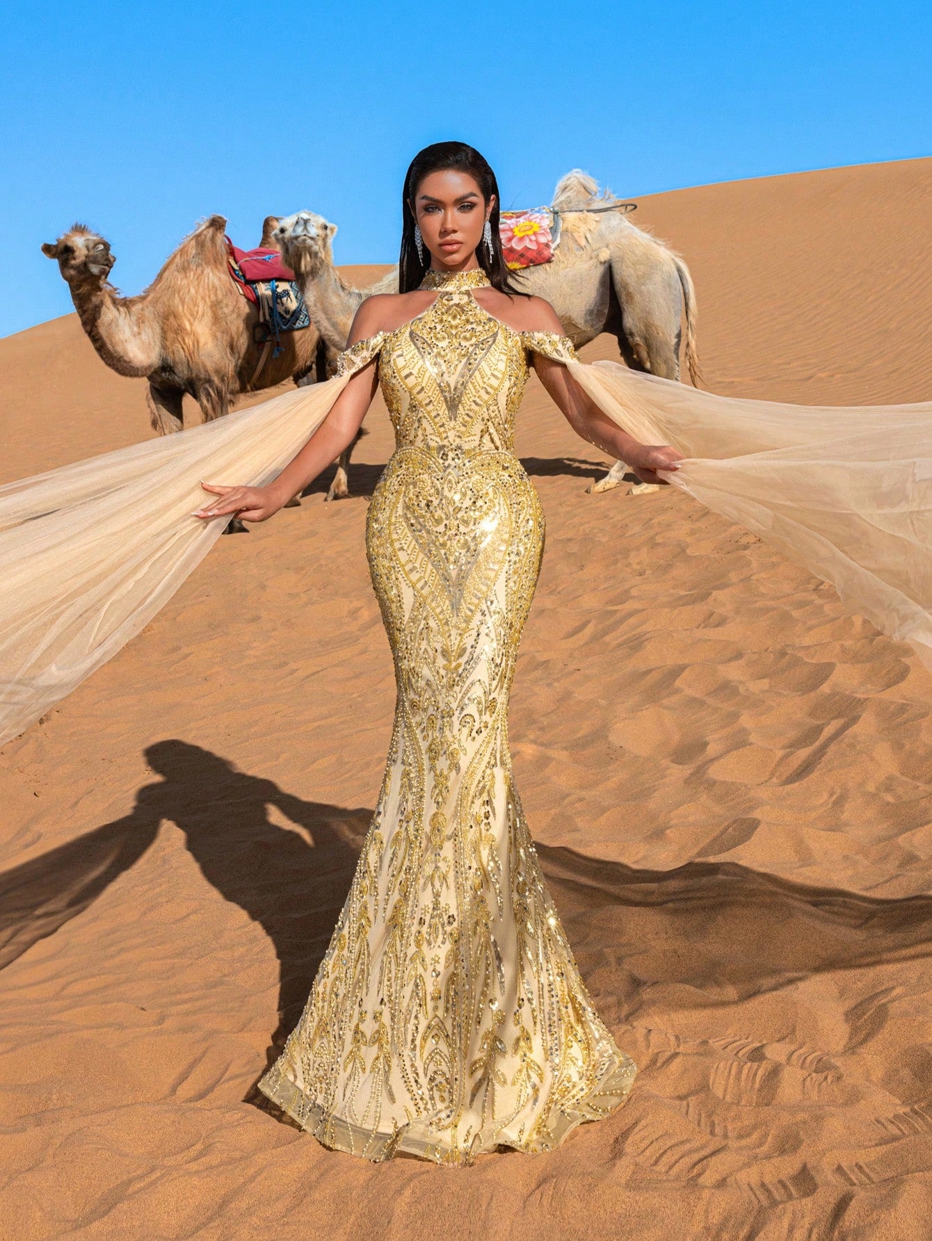 Luxury Halter Neck Cloak Sleeves Mermaid Hem Beaded Formal Dresses & Evening Gowns