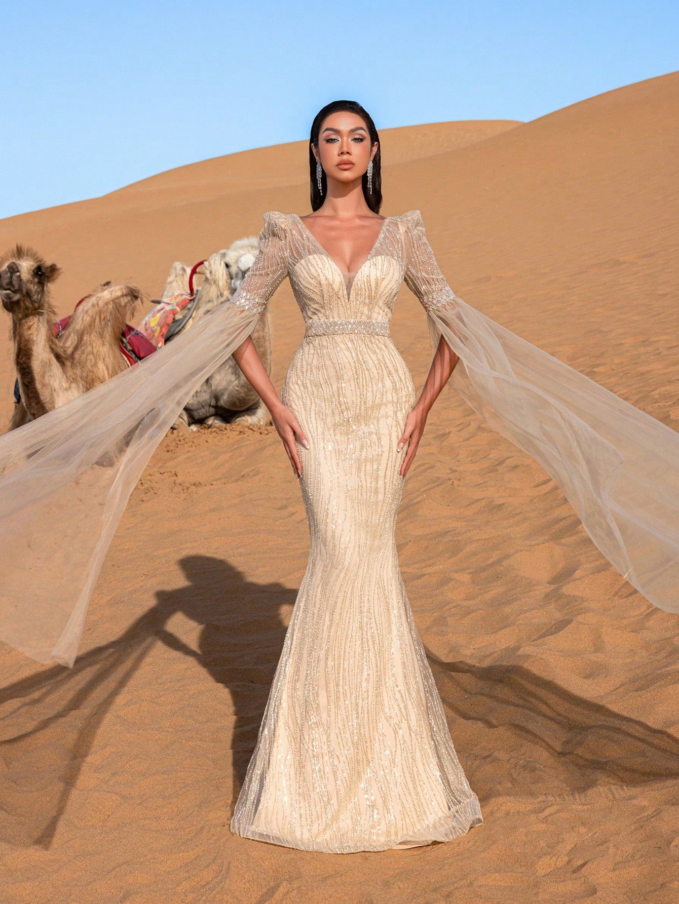 Luxury Plunging Neck Extra-Long Sleeves Beaded Evening Dress