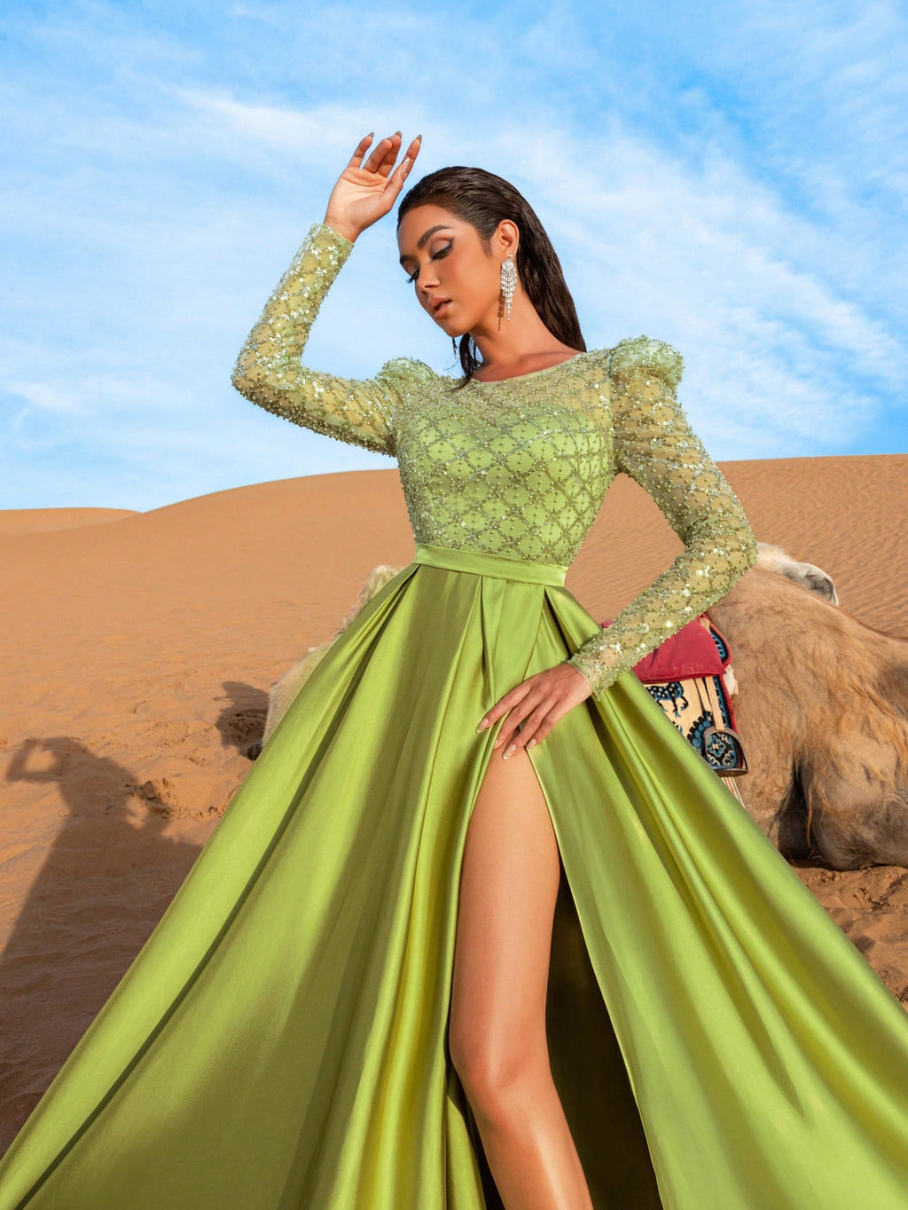 Luxury Sequined Beaded Bodice Contrast Satin Hem Formal Dress