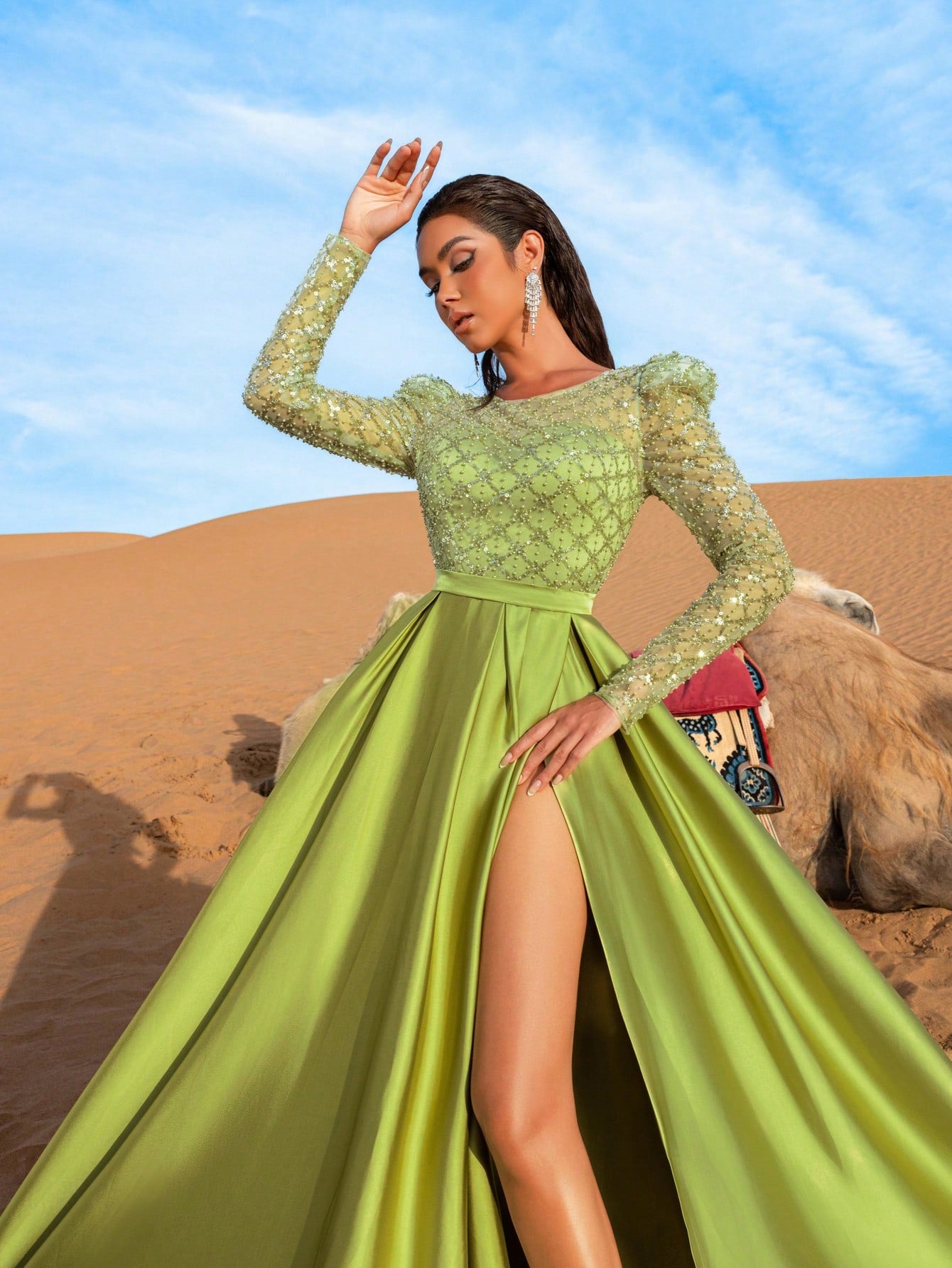 Luxury Sequined Beaded Bodice Contrast Satin Hem Formal Dress