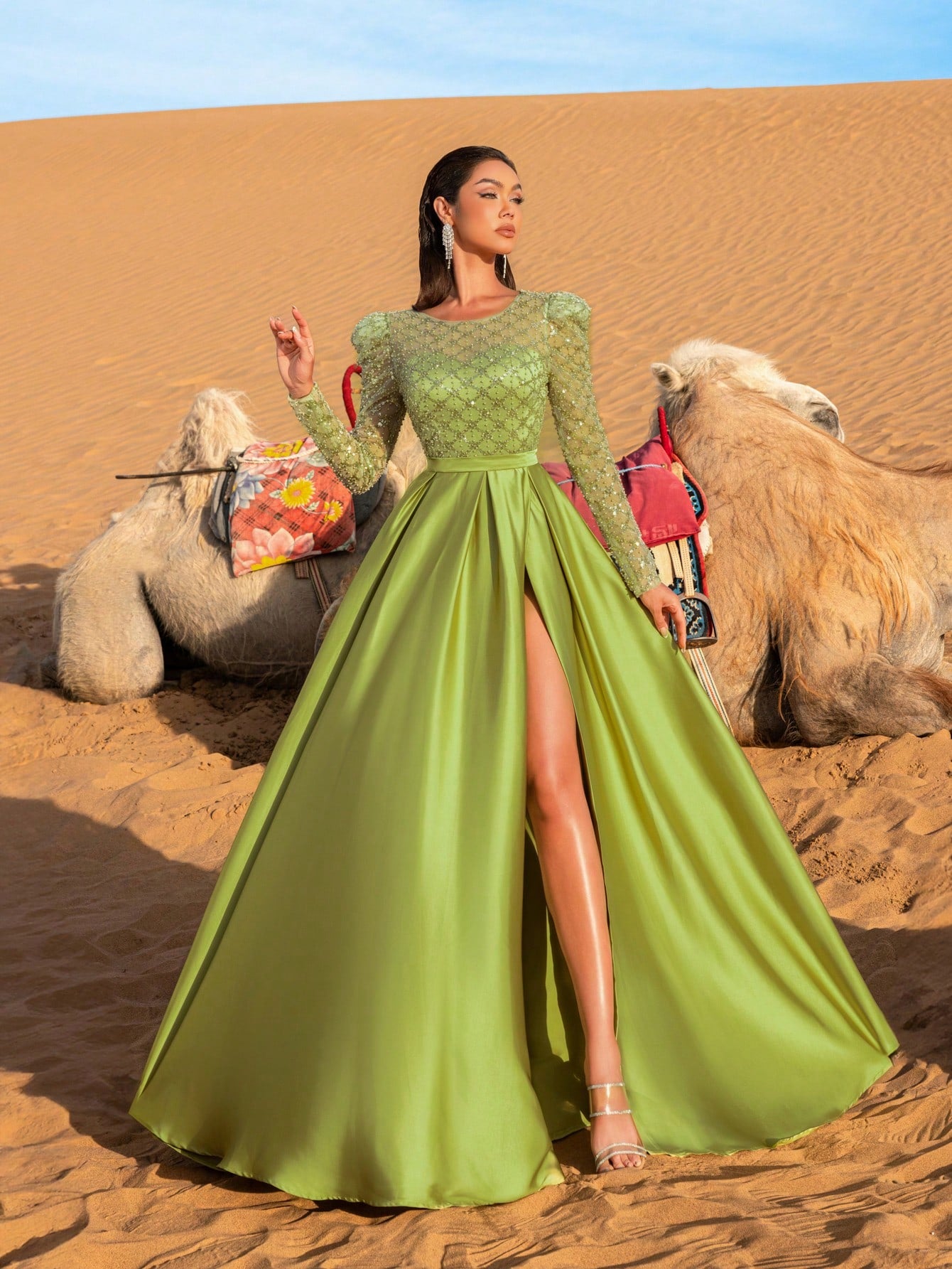 Luxury Sequined Beaded Bodice Contrast Satin Hem Formal Dress