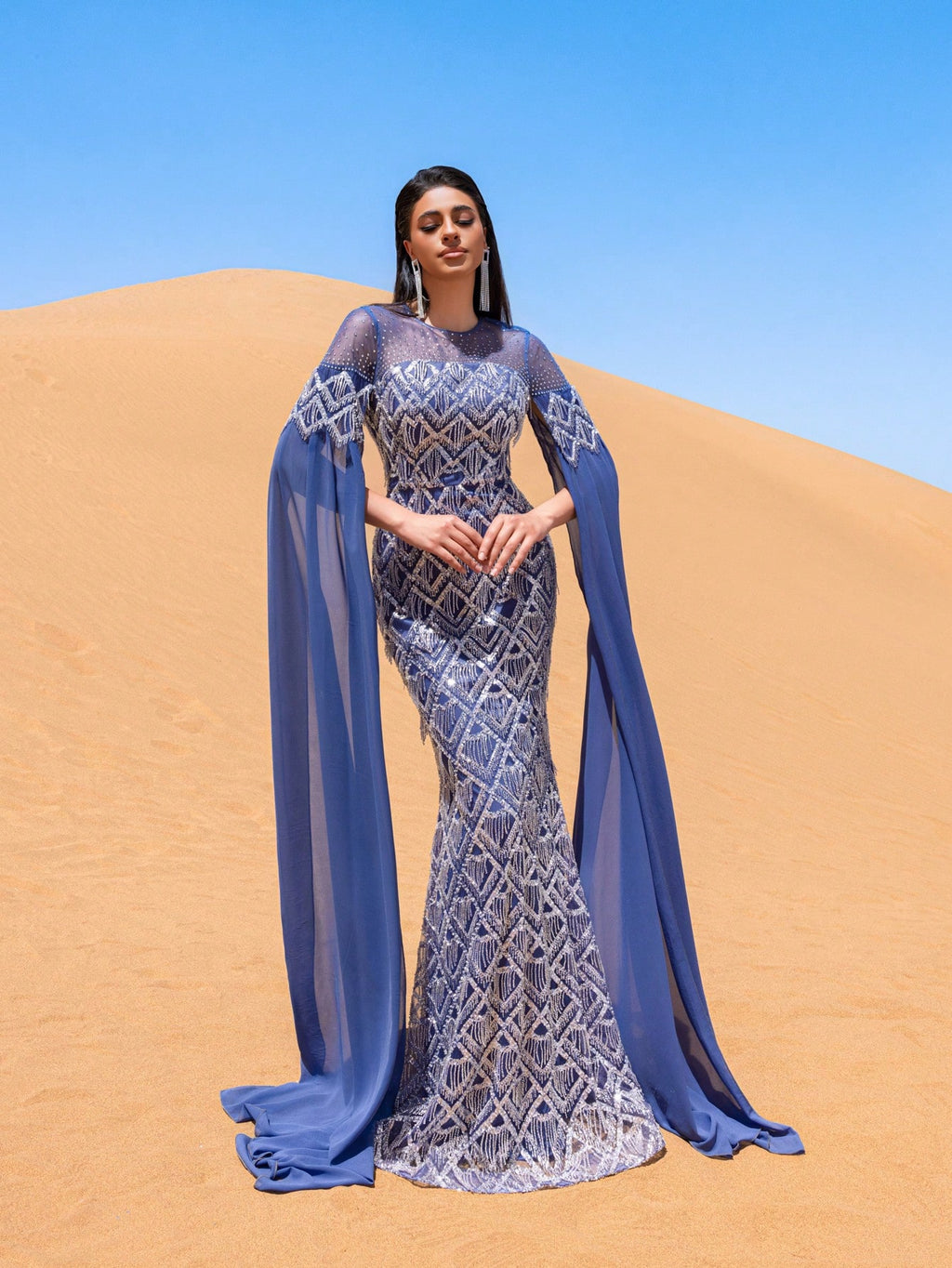 Luxury Extra-Long Sleeves Fringed Trim Sequin Formal Dress