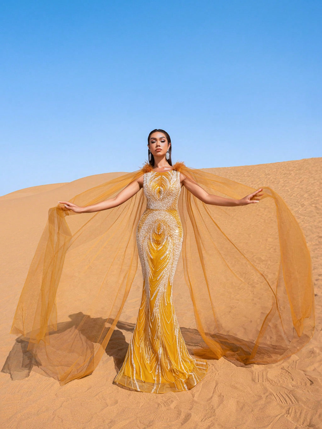 Luxury Sheer Sleeves Mermaid Hem Beaded Sequin Formal Evening Dress
