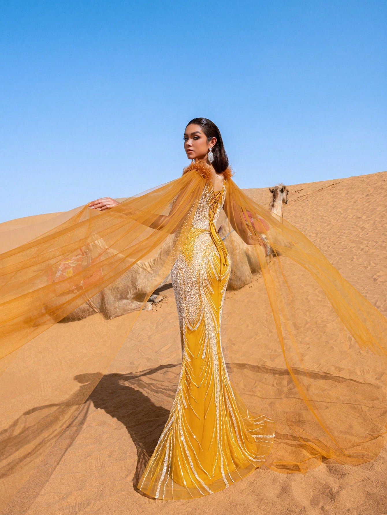 Luxury Sheer Sleeves Mermaid Hem Beaded Sequin Formal Evening Dress