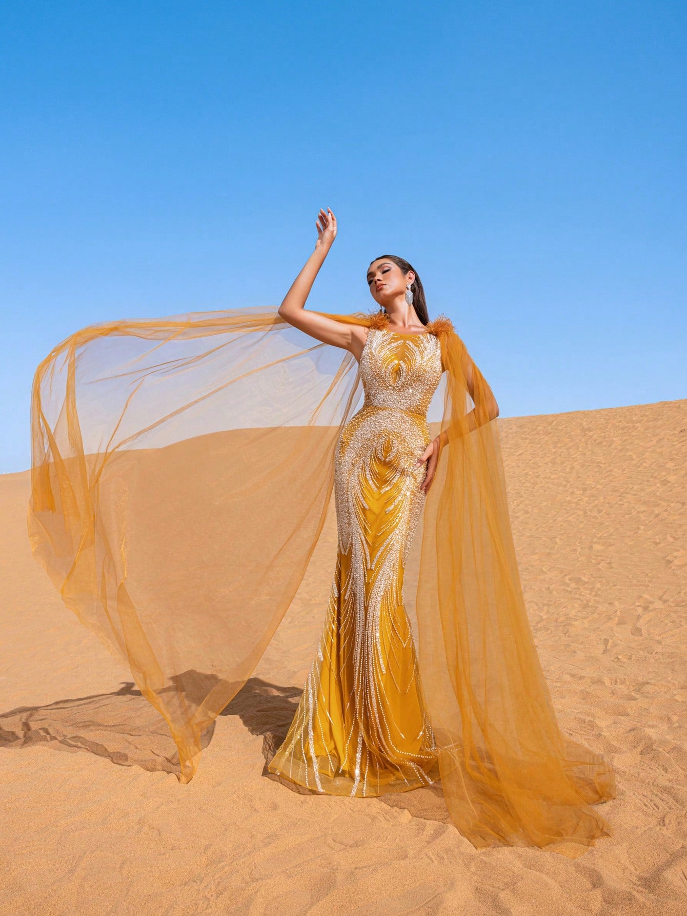 Luxury Sheer Sleeves Mermaid Hem Beaded Sequin Formal Evening Dress