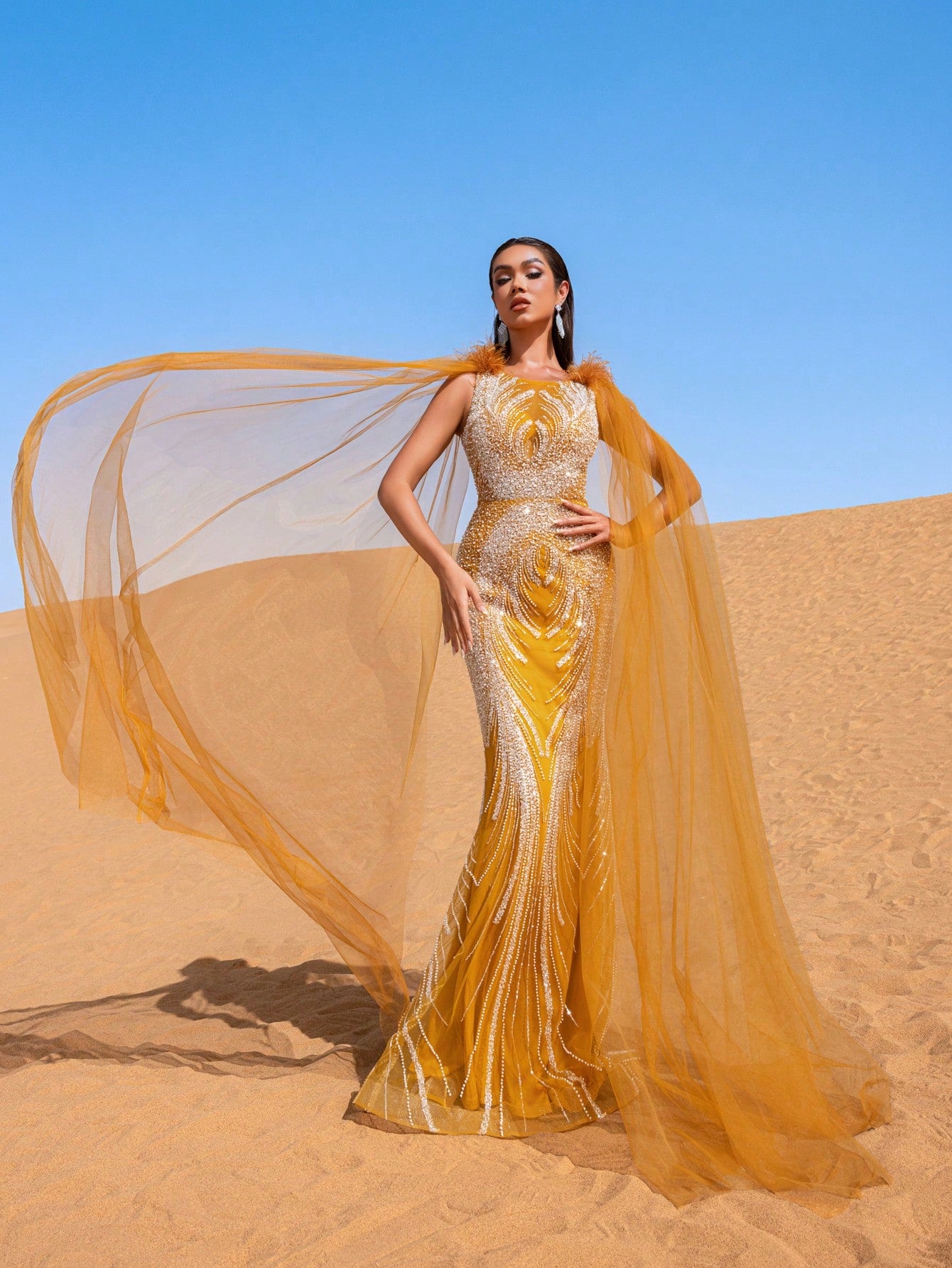 Luxury Sheer Sleeves Mermaid Hem Beaded Sequin Formal Evening Dress