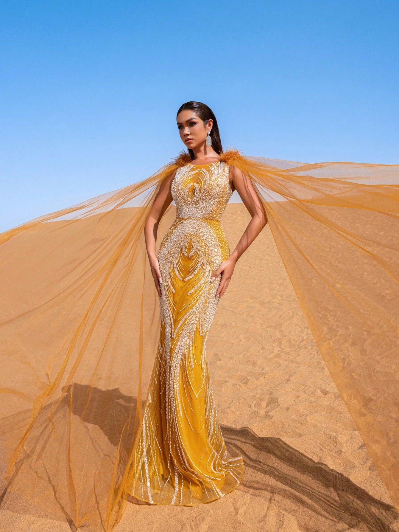 Luxury Sheer Sleeves Mermaid Hem Beaded Sequin Formal Evening Dress