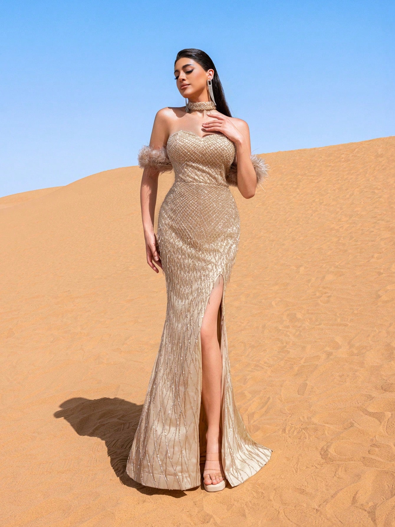 Gorgeous Choker Neck Mermaid Hem Fringed Beaded Formal Dresses & Evening Gowns