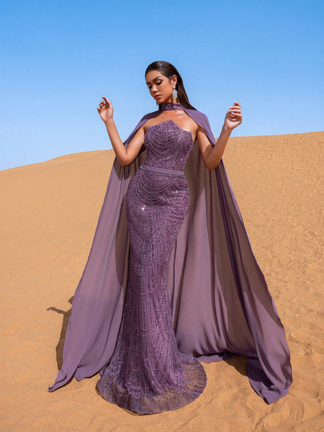 Luxury Strapless Mermaid Hem Beaded Sequined Evening Dress With Chiffon Cape