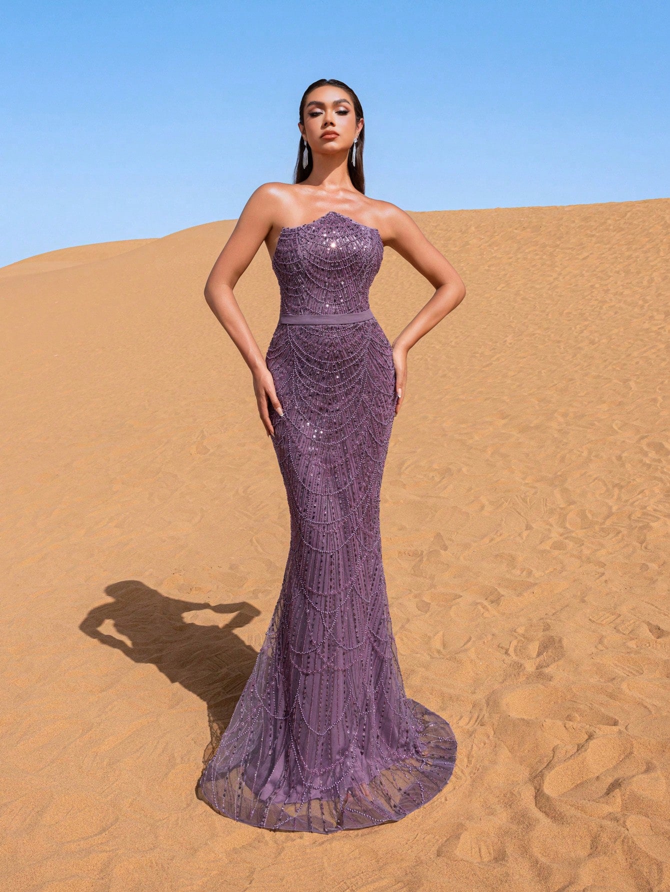 Luxury Strapless Mermaid Hem Beaded Sequined Evening Dress With Chiffon Cape