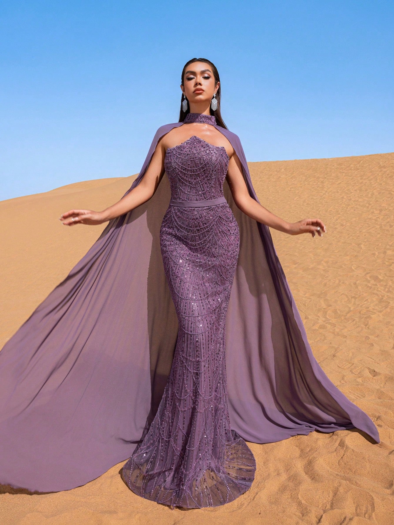 Luxury Strapless Mermaid Hem Beaded Sequined Evening Dress With Chiffon Cape