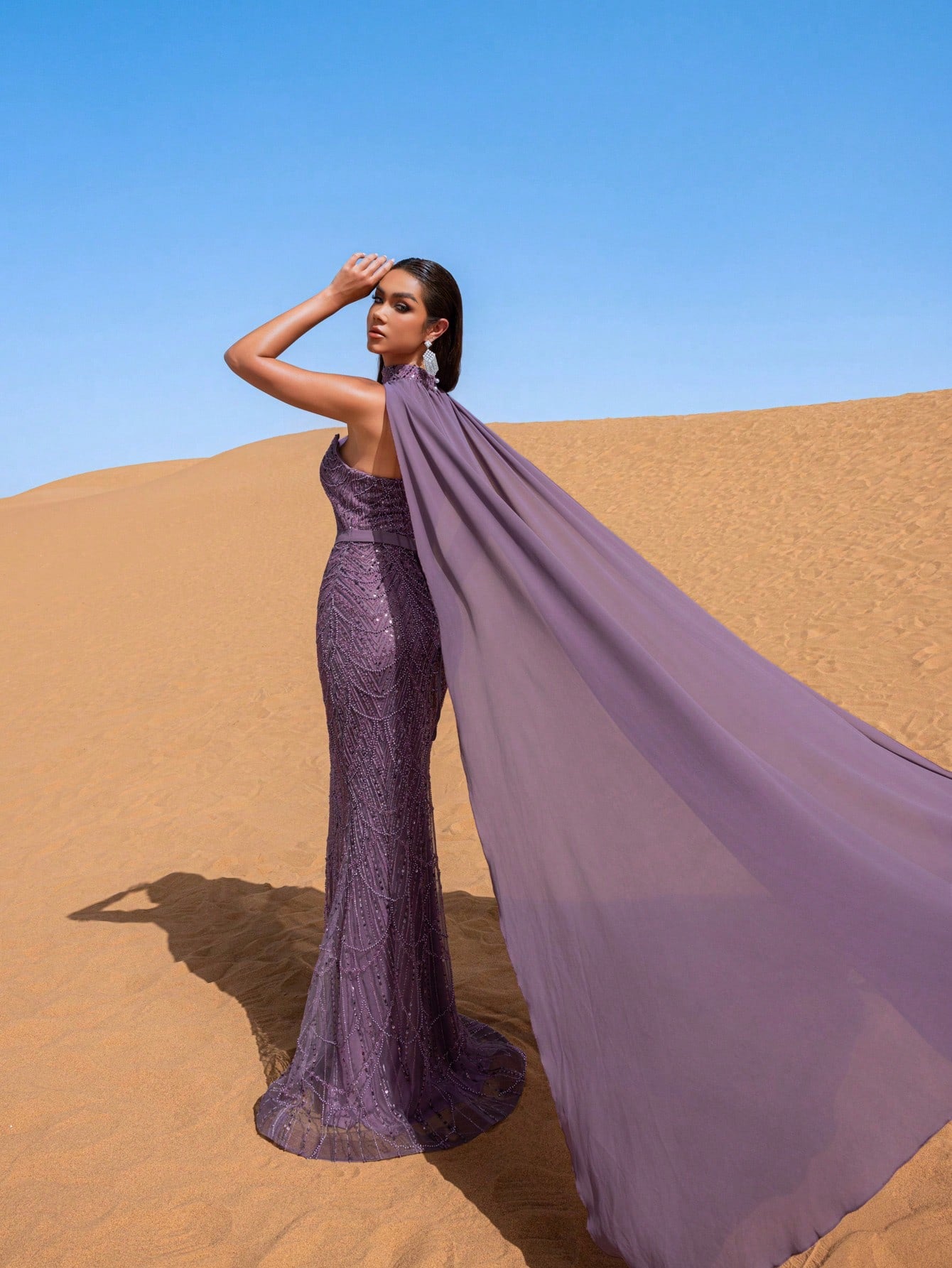 Luxury Strapless Mermaid Hem Beaded Sequined Evening Dress With Chiffon Cape