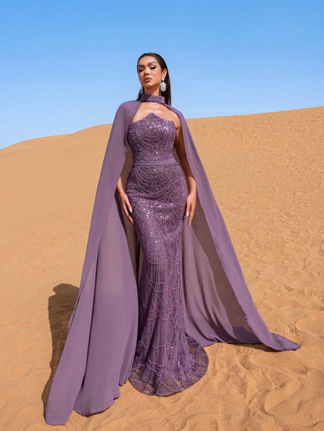 Luxury Strapless Mermaid Hem Beaded Sequined Evening Dress With Chiffon Cape