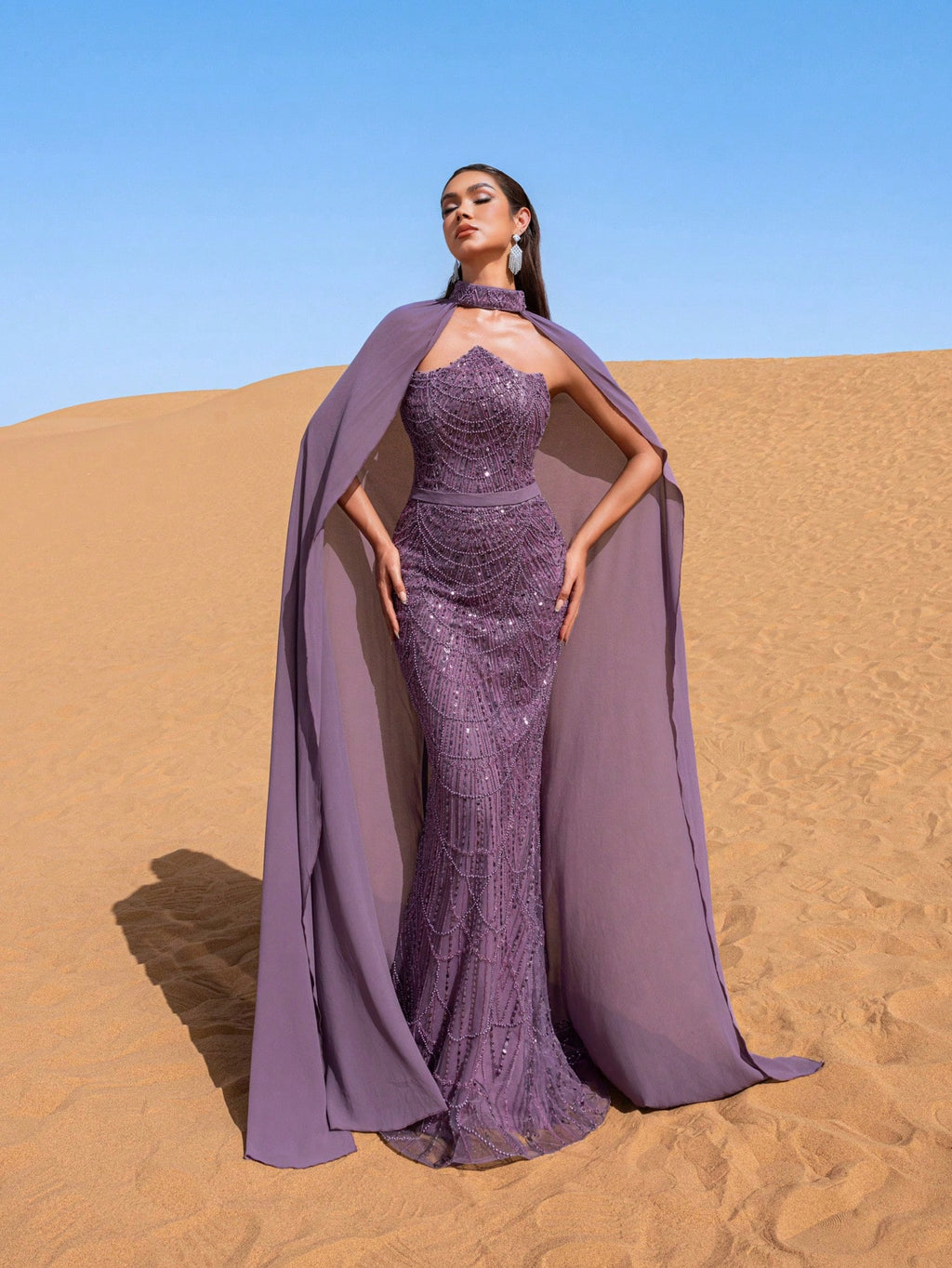 Luxury Strapless Mermaid Hem Beaded Sequined Evening Dress With Chiffon Cape