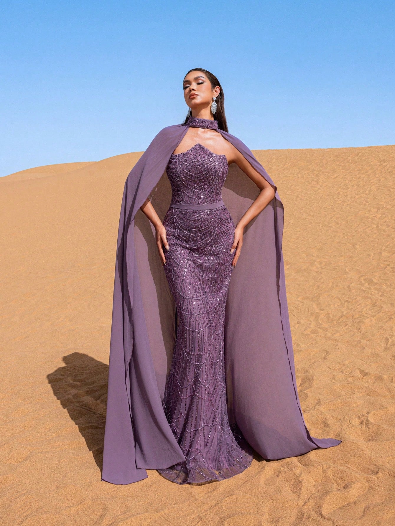 Luxury Strapless Mermaid Hem Beaded Sequined Evening Dress With Chiffon Cape