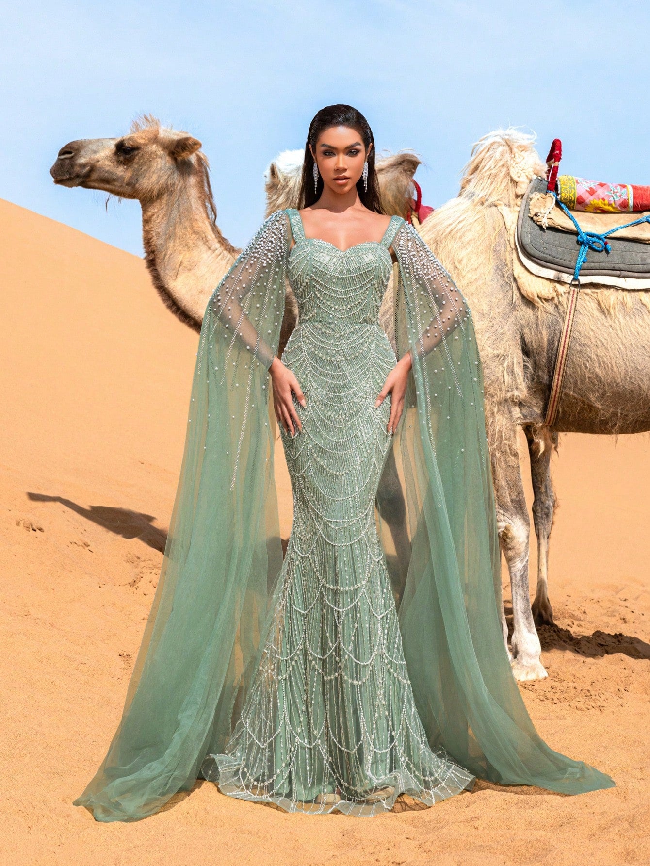 Elegant Gorgeous Beaded Sequin Evening Gown with Pearl Accent Cape Sleeves