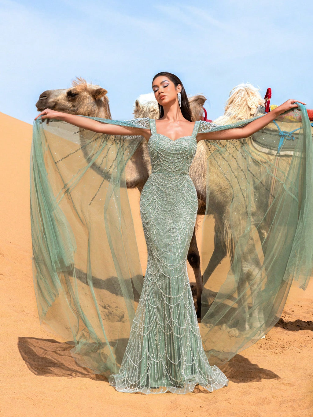 Elegant Gorgeous Beaded Sequin Evening Gown with Pearl Accent Cape Sleeves