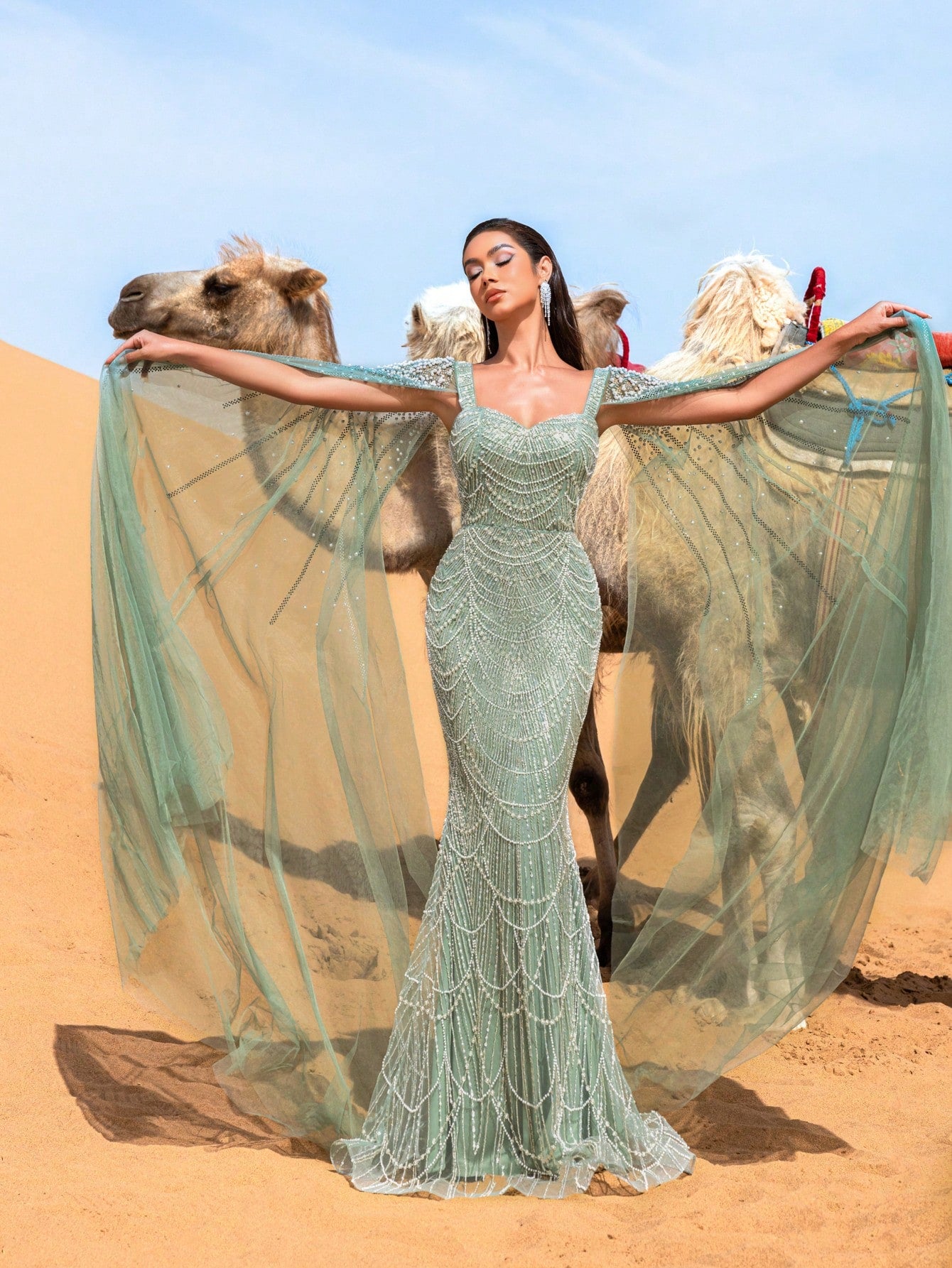 Elegant Gorgeous Beaded Sequin Evening Gown with Pearl Accent Cape Sleeves