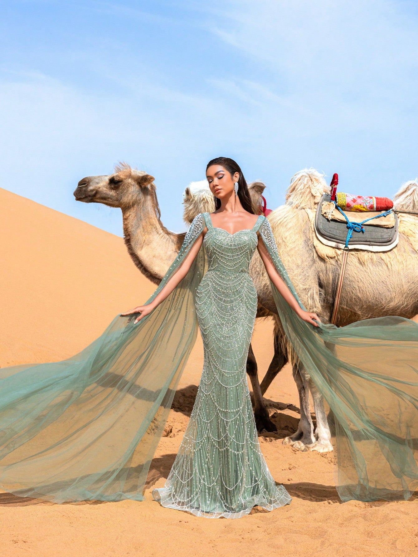 Elegant Gorgeous Beaded Sequin Evening Gown with Pearl Accent Cape Sleeves