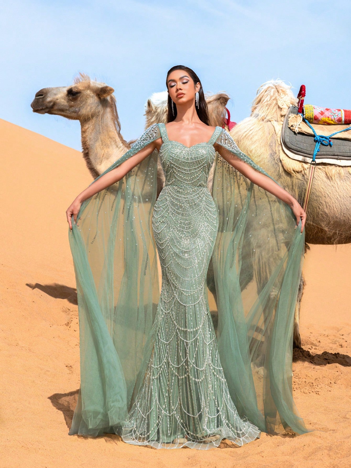 Elegant Gorgeous Beaded Sequin Evening Gown with Pearl Accent Cape Sleeves