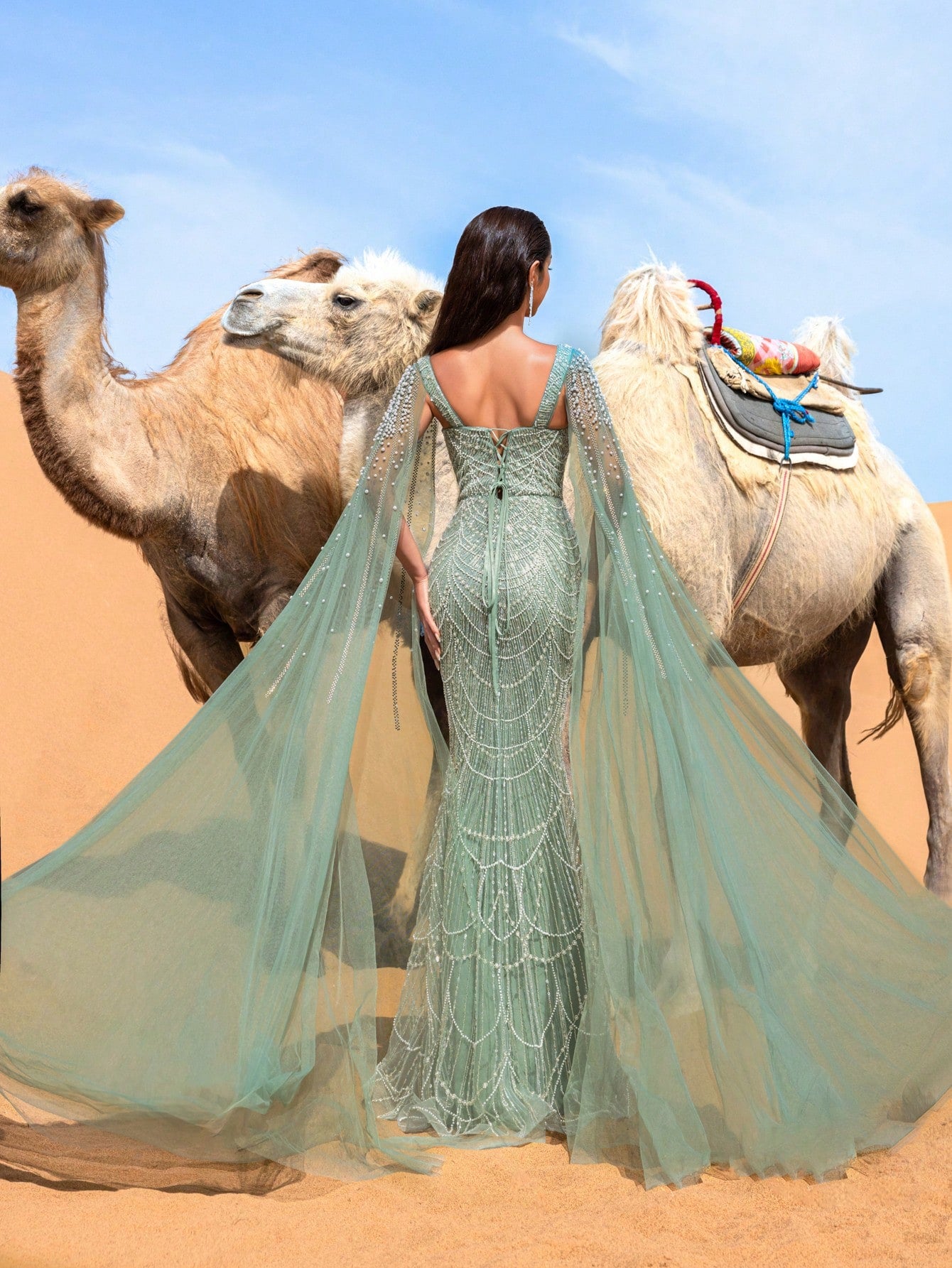 Elegant Gorgeous Beaded Sequin Evening Gown with Pearl Accent Cape Sleeves