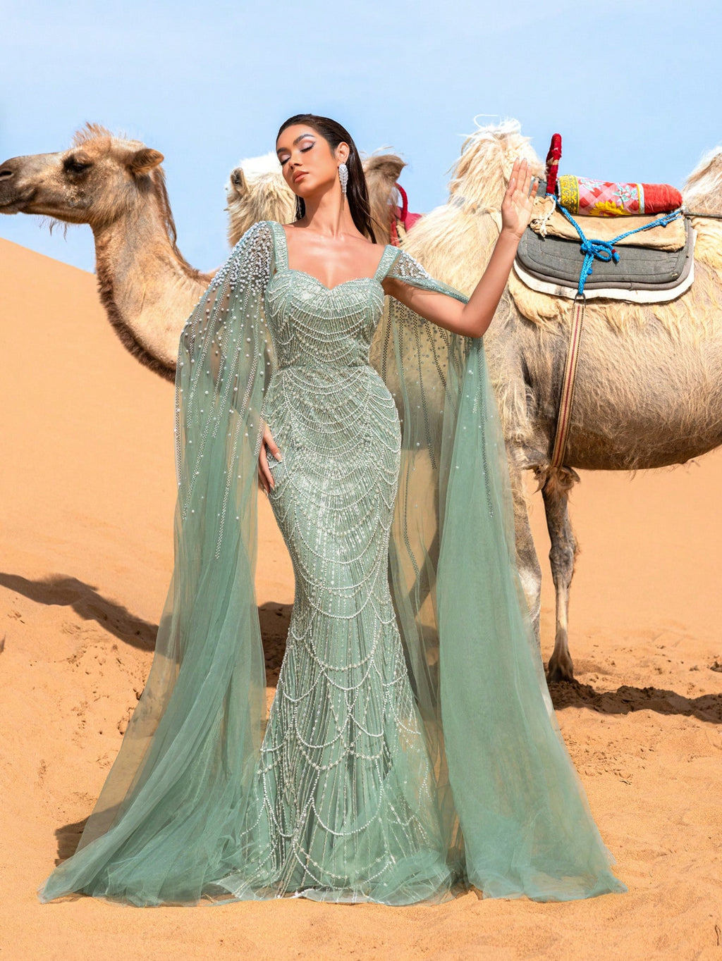 Elegant Gorgeous Beaded Sequin Evening Gown with Pearl Accent Cape Sleeves