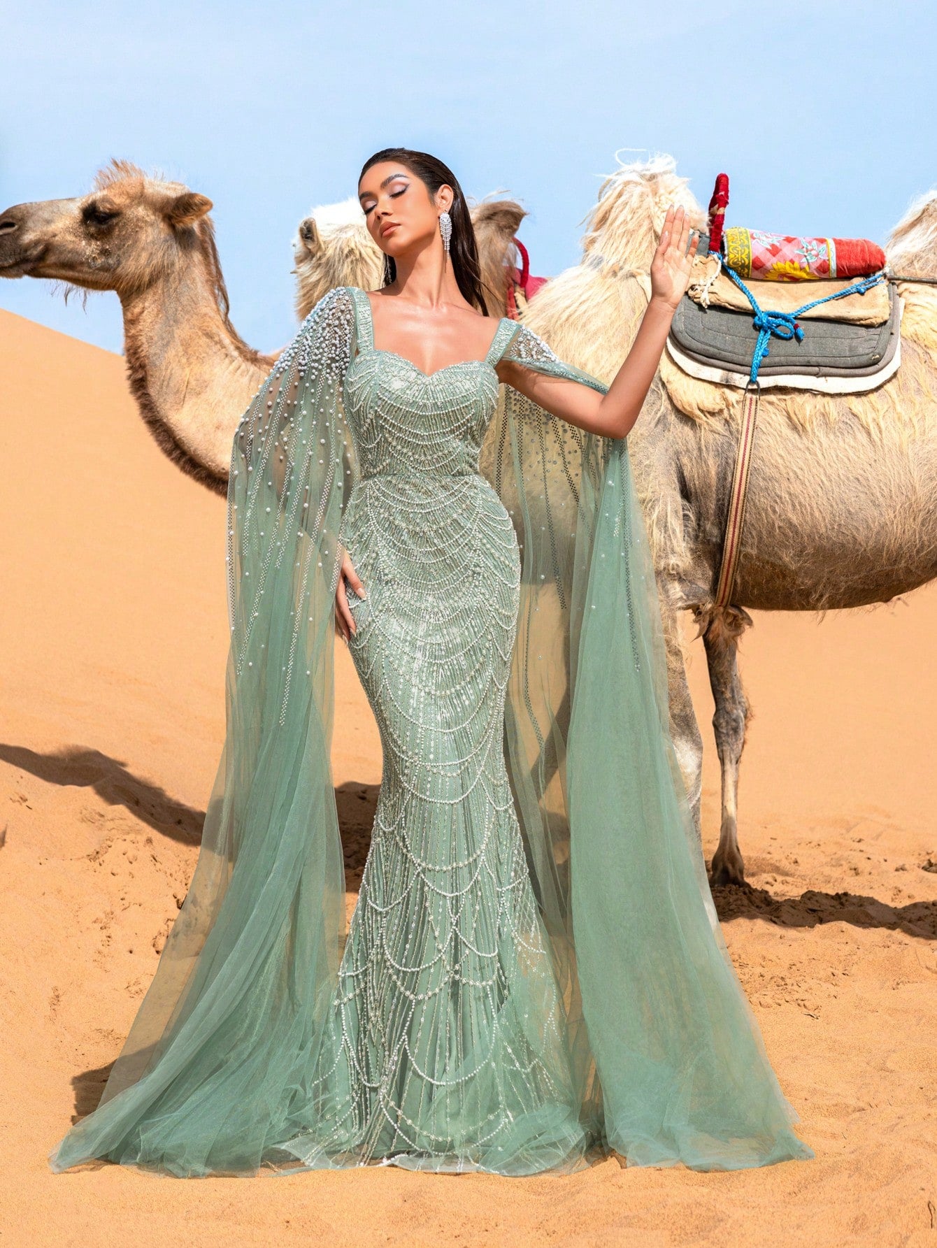 Elegant Gorgeous Beaded Sequin Evening Gown with Pearl Accent Cape Sleeves