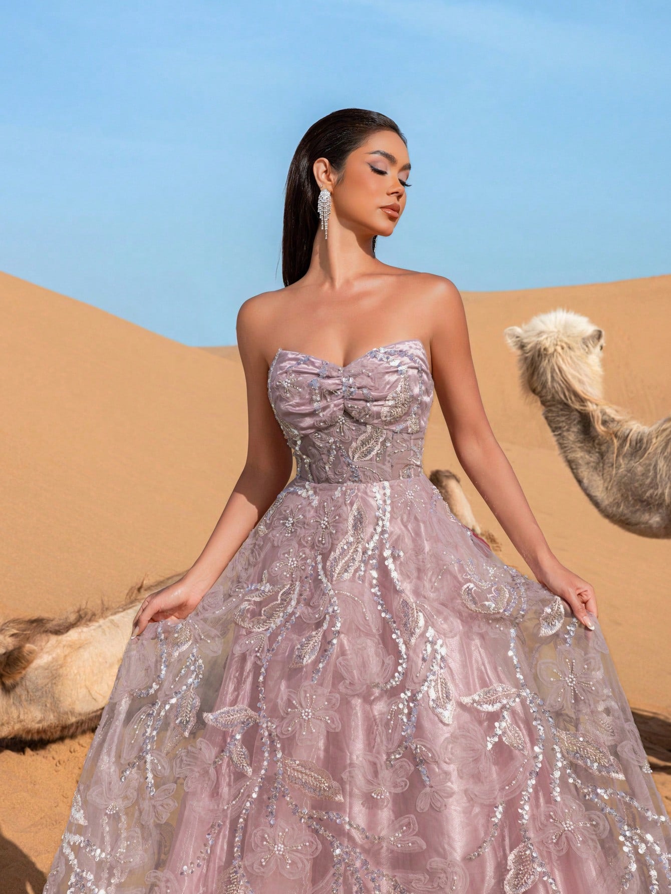 Gorgeous Strapless Floral Beaded Formal Prom Dresses & Evening Gowns