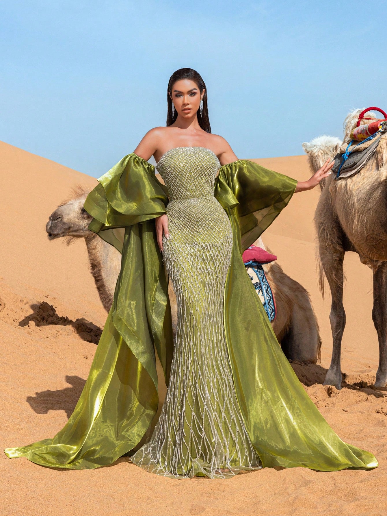 Gorgeous Off-Shoulder Beaded Evening Gown with Wide-Layered Satin Cape & Fitted Silhouette