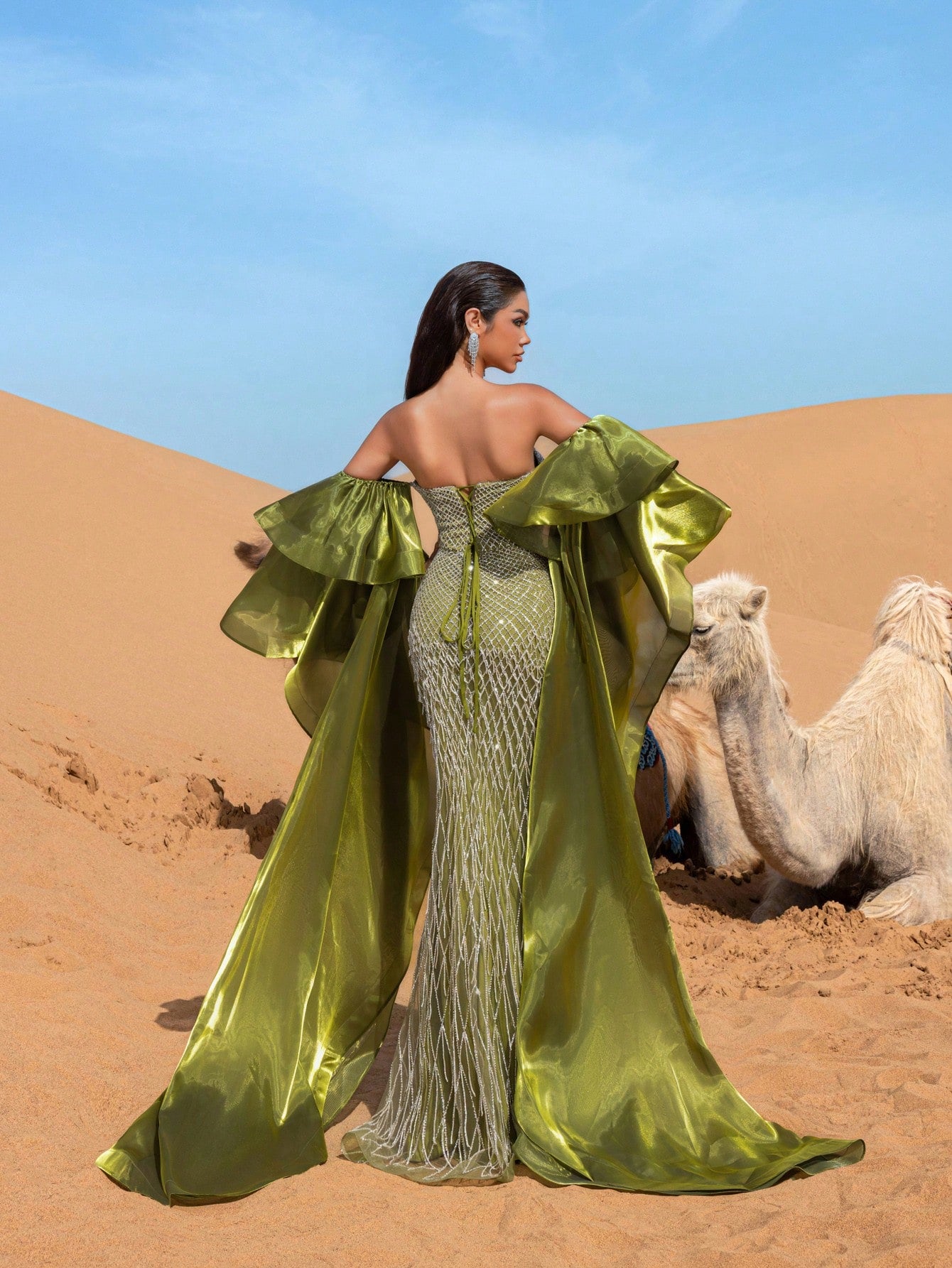 Gorgeous Off-Shoulder Beaded Evening Gown with Wide-Layered Satin Cape & Fitted Silhouette