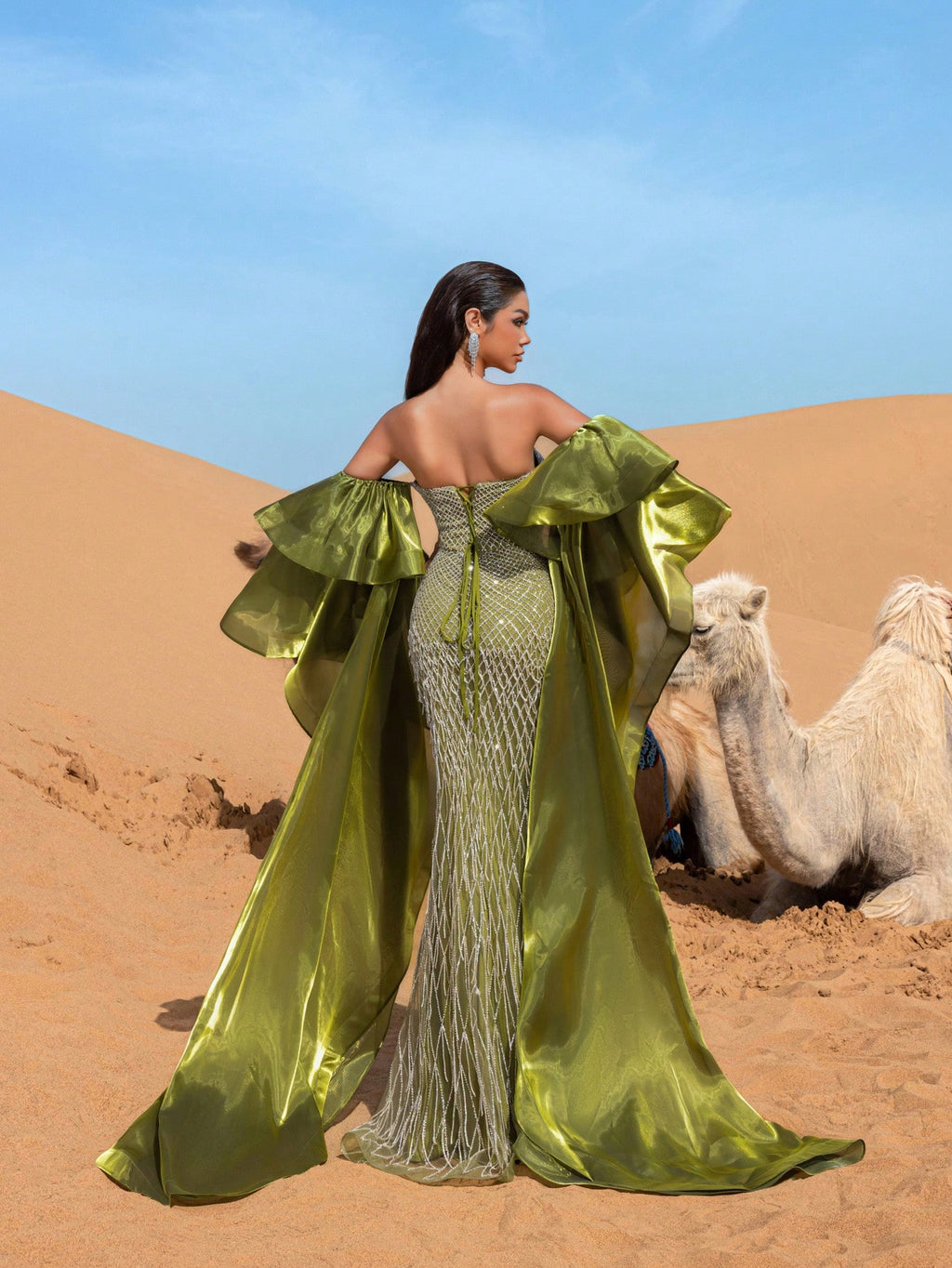Gorgeous Off-Shoulder Beaded Evening Gown with Wide-Layered Satin Cape & Fitted Silhouette