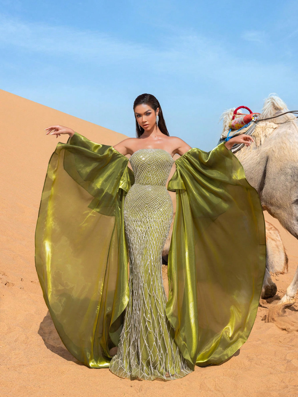 Gorgeous Off-Shoulder Beaded Evening Gown with Wide-Layered Satin Cape & Fitted Silhouette