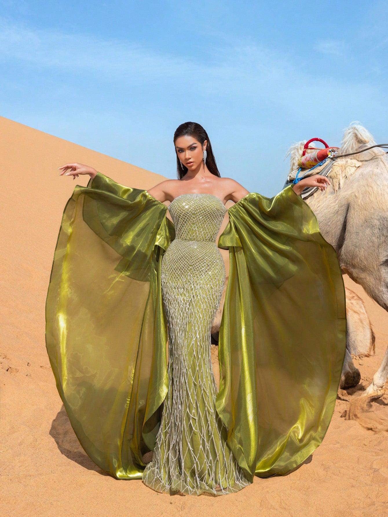 Gorgeous Off-Shoulder Beaded Evening Gown with Wide-Layered Satin Cape & Fitted Silhouette