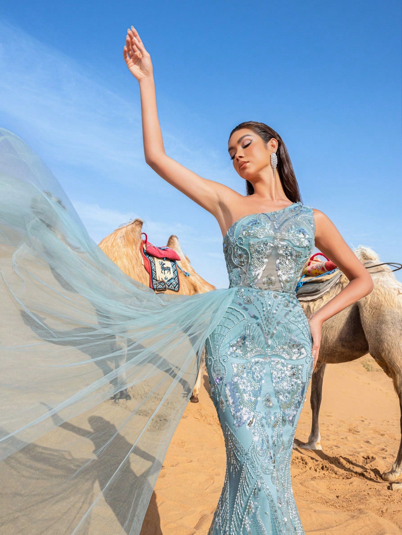 Gorgeous One Shoulder Tulle Draped Side Mermaid Hem Beaded Formal Dresses & Evening Gowns