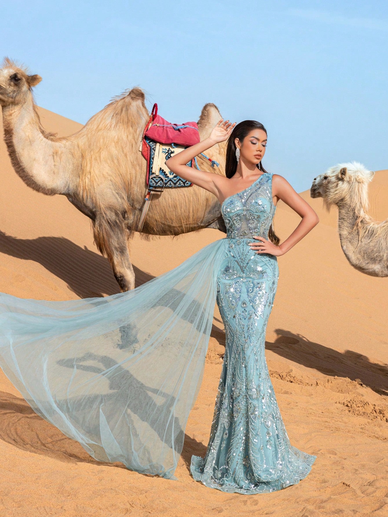 Gorgeous One Shoulder Tulle Draped Side Mermaid Hem Beaded Formal Dresses & Evening Gowns