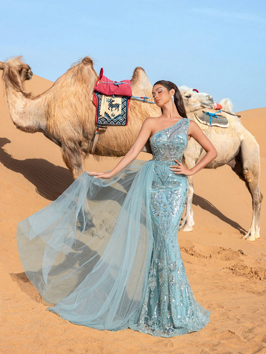 Gorgeous One Shoulder Tulle Draped Side Mermaid Hem Beaded Formal Dresses & Evening Gowns
