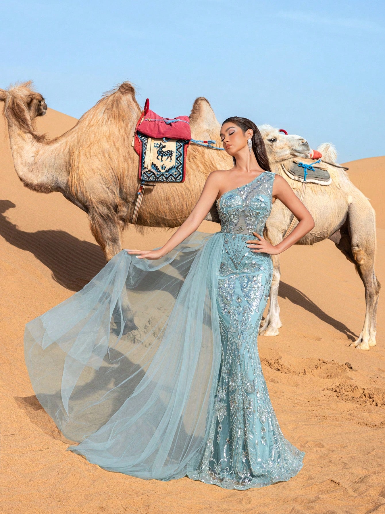Gorgeous One Shoulder Tulle Draped Side Mermaid Hem Beaded Formal Dresses & Evening Gowns